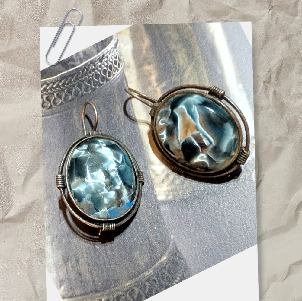 Vintage Artisan Blue Abalone Bullseye Sterling Earrings - Picture 7 of 7
